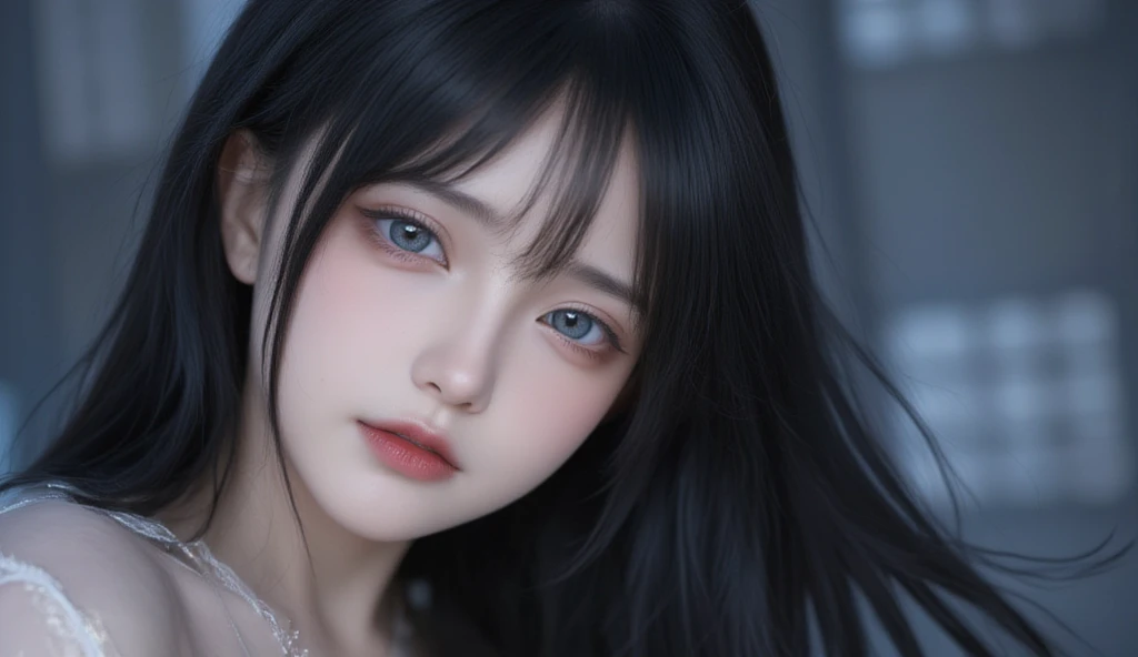 An ultra high resolution masterpiece, showcasing the best quality and super detailed craftsmanship. The image features a solo girl with black hair, holding a katana. She is in a full body pose, on one knee, with her long hair and blue eyes looking directly...