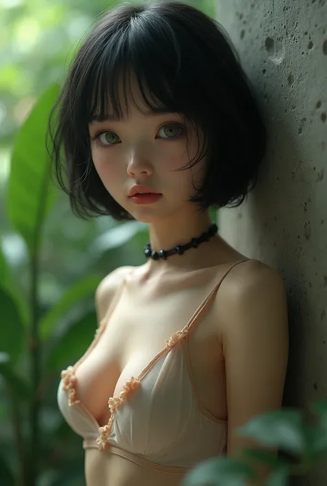 cute、 Looks about  (short hair), Height about 140 cm,  (A (severus snapes daughter:(european girl,black hair, green eyes)flat chest like a girl, thin body, The wall is a concrete wall, Black Hair, eyeball, Surrealism, Blurred, Cinema Lighting, bokeh, Very ...