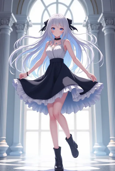 anime. best quality, ultra high res,1girl, ultra , sleeveless white button frill sleeves shirt  black skirt,with white frill. black short boots. long legs. black choker, black cute, (aegyo sal:1), (long white hair with black ribbon (light blue eyes)), look...