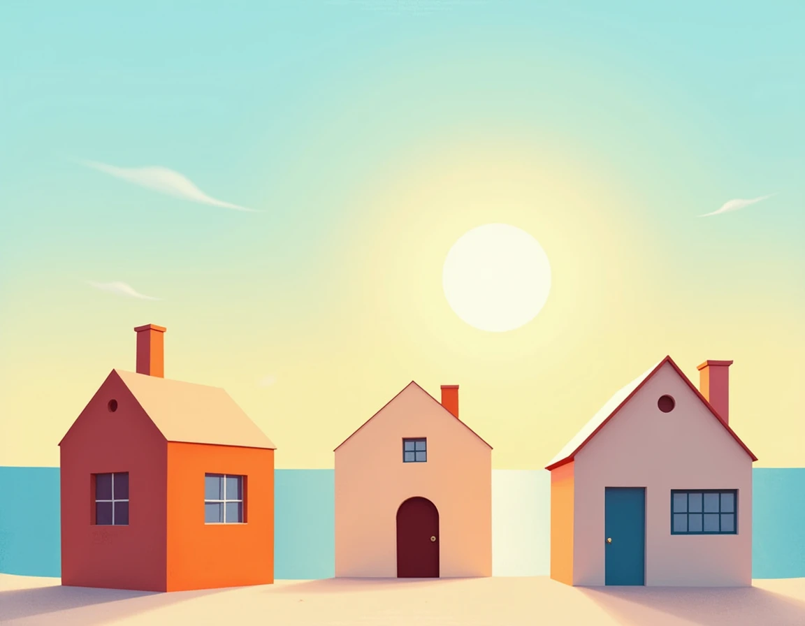 a sun shining over three stylized houses