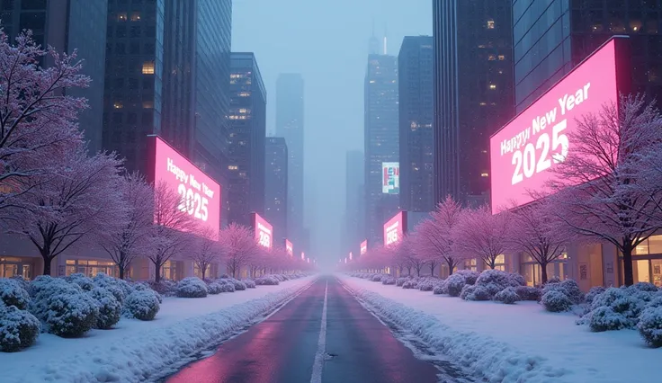 a scene of morning dawn in the city, no people on the street, cityscape, big LED screens are displaying Happy New Year and 2025, neon lights, trees covered by snow, winter foliage, snowy ground, beautiful atmosphere, 8k, photorealistic, vibrant colors, cin...