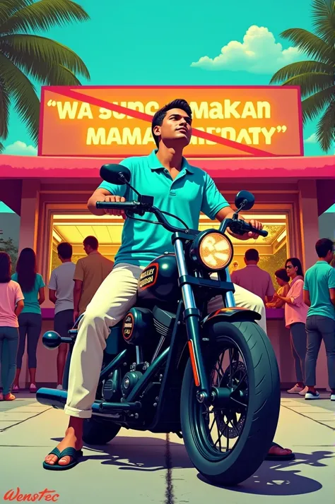 depict pop art, Javanese Asian man wearing a turquoise polo shirt wearing cream pants wearing flip-flops, sitting on a Harley Davidson Police Heritage softtail motorbike from 2040, daydreaming looking at the sky, (customers are crowded), the background is ...