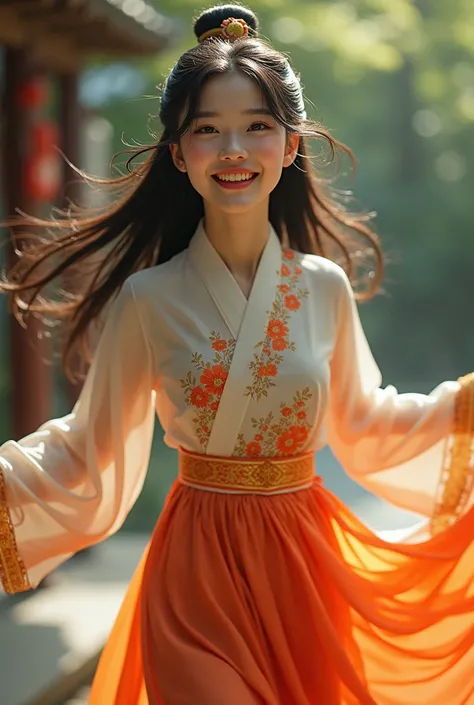 Create a full-bodied Korean girl dancing and smiling in full photorealistic form.