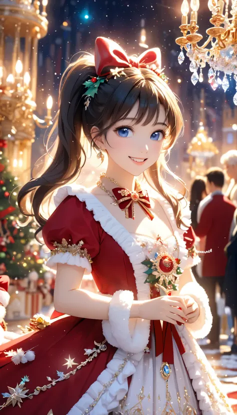 Dramatic composition, Court dress, Royal, christmas outfit, nice, Cascading Ruffles, Raffle, bow, Crystal Chandelier , Swirl Hairstyles, Place, drill-like double ponytail , camera , bangs, Maximalism , Palace-like background, Delicate depiction of hair and...