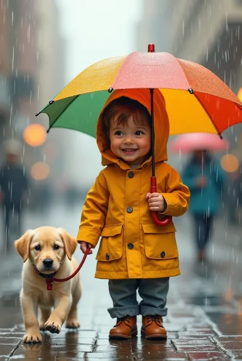 baby and a Labrador puppy wearing matching raincoats, walking under a colorful umbrella in the rain.
