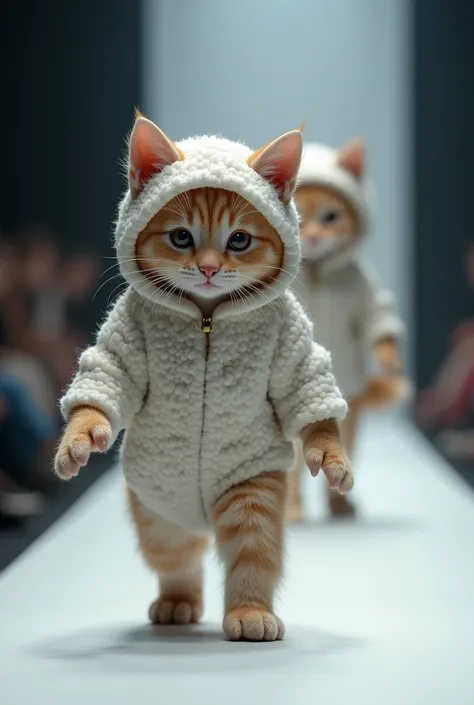  Create a detailed, photorealistic image of a stocky anthropomorphic Mankikon kitten walking down a fashion runway in a wolf-themed costume. The kitten is wearing a cute white sheep costume with pointed ears and walking alongside a truly majestic wolf .