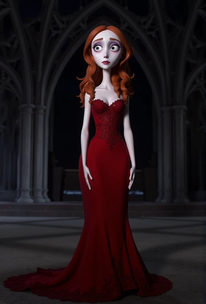 tburton_style, a stylized, gothic-inspired character. The subject is a pale-skinned, elongated woman with a deathly complexion, dressed in a long, flowing red dress adorned with intricate lace and a delicate floral pattern. Her eyes are wide open, with a m...