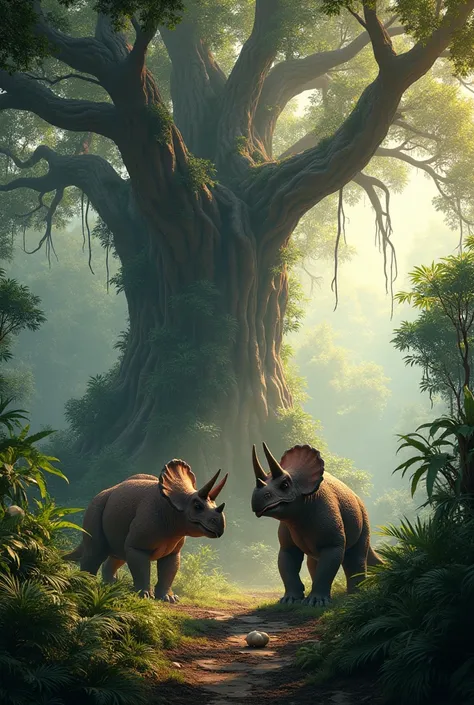 Give me the image ther  Triceratops  and big  tree  both are together facing each other in jungle