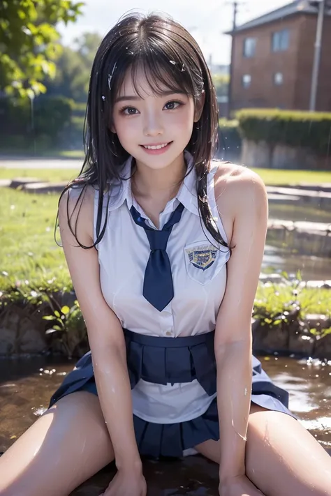 ((( top quality ))), ((masterpiece)), ( Details), ((solo)), ((((( high school girl in a school uniform))))), ((Slender body)), ((((((( upturned skirt ))))))), (( white skin)), Mysterious Light, ((((Angle of view that includes face and whole body)))), ((( w...