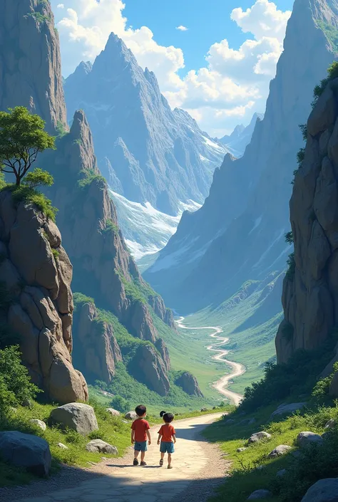 The road in the mountains, rocks, boy and girl