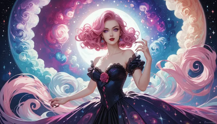 A vampire with pale skin that glows faintly, violet eyes, and curly pink hair. She wears a flowing gown with patterns resembling nebulae, She twirls amidst floating asteroids in a vividly colorful nebula,