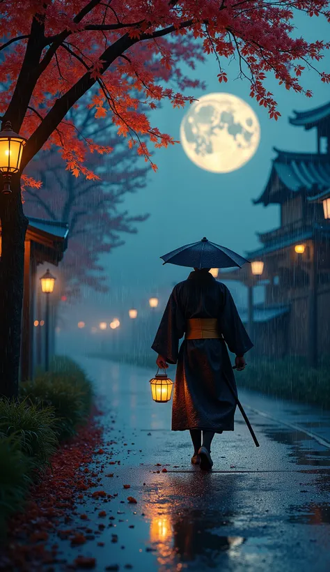 visual image or photograph,long shot photo,moonlit night ,highlight the depth of field and quality, conveying a sense of happiness and a good life despite the rainy weather season, autumn season,graden, lantern light,rain drops,tree flower. Samurai walking...