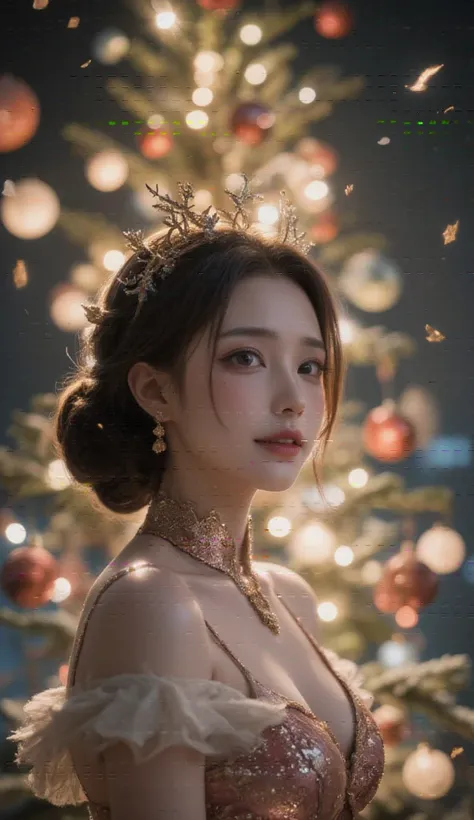 A 25-year-old Chinese woman, dressed in a stunning Christmas costume, stands in awe before a majestic Christmas tree. The tree is adorned with bright and colorful ornaments, its branches dusted with a delicate layer of snow. Snowflakes dance gently around ...