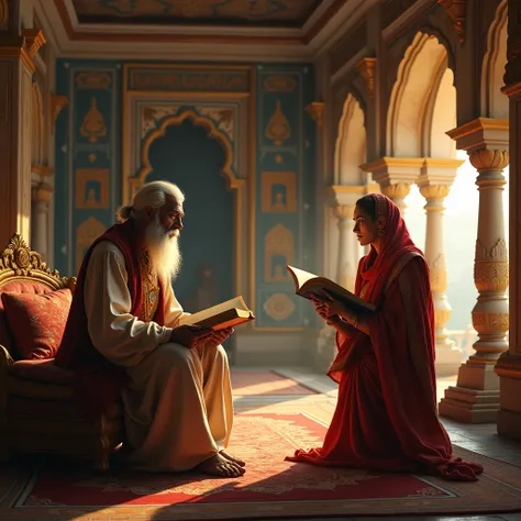 A wise old servant narrating a story to his master in a calm and peaceful room, with traditional Indian decor and warm lighting.

Background image: a royal palace interior with intricate golden designs, large arched windows, and rich textures. The setting ...