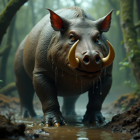 A wild wart hog with sharp tusks, glaring aggressively, its body covered in thick, rough skin, standing in a muddy swamp with a menacing expression."
