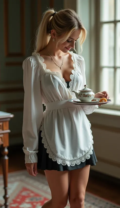 A beautiful servant, blonde hair tied in a ponytail, hairy, seductive and attractive, 25 years old, fine and sexy, slightly smiling, white cotton apron adorned with lace, extremely short black skirt, long-sleeved white blouse with lace collar, extremely ov...