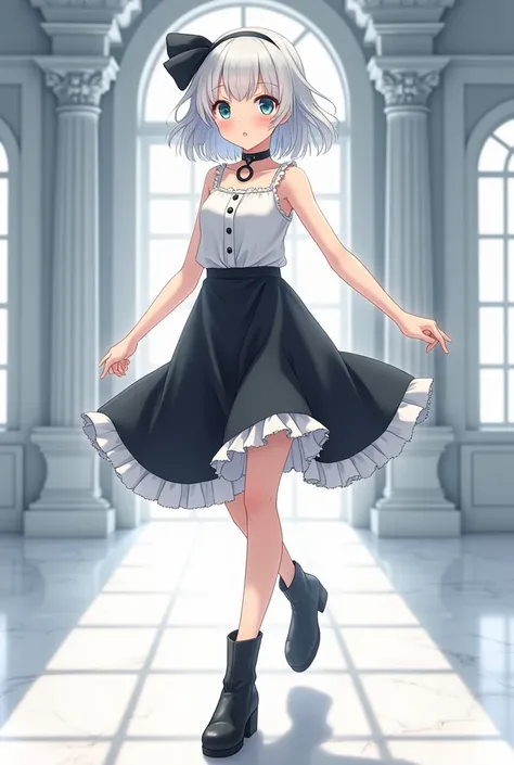 anime. best quality, ultra high res,1girl, ultra , sleeveless white button frill sleeves shirt  black skirt,with white frill. black short boots. long legs. black choker, black cute, (aegyo sal:1), (bob short white hair with black ribbon (light blue eyes)),...