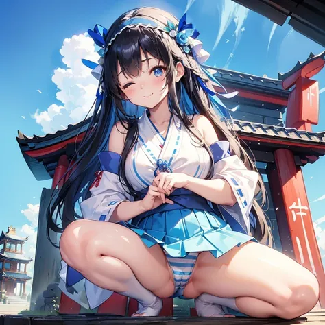 
masterpiece, super detailed ,hyper quality, highly detailed, (((one eye closed))),  smiles, (((White and blue shrine maiden costume))), (((青の超micro mini skirt))), (((squatting, spread legs))), (((striped loincloth ))), ((( black hair straight))),  long ha...