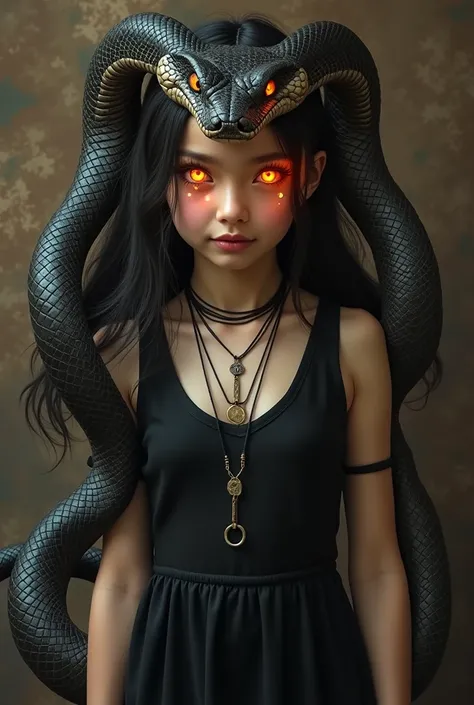  Tell me a picture of a girl wearing a black dress with the face of the Greek Medusa and a number of cobra snakes Keith are on fire from this girls eyes. I show her to look at her having sharp fangs. I just want you to make a face and a cobra around it and...