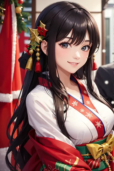 A bust shot of a smiling beautiful woman in a kimono celebrating Christmas