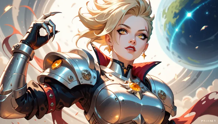 wide angle,18+ figures, a fierce vampire with golden eyes, spiky platinum-blonde hair, and a scar across her lip, She wears sleek combat armor with glowing green accents, She leads a charge against alien forces in a war-torn space station.