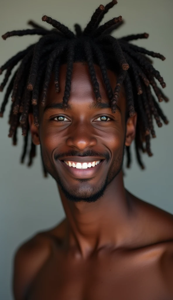 homme noir métisse nu with blue eyes. Pose de mannequin nu. Fond pourpre. Dreadlocks. corps huilé. Légèr sourire. Douceur des traits.  35 ans. Guirlandes dorées lumineuses. Smiling.  Nu. Visage bien éclairé 