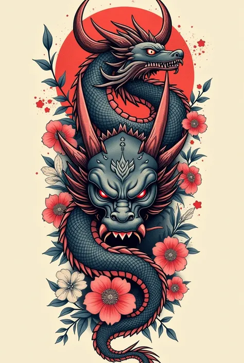 Create a dragon design with flowers and an oni mask for a forearm tattoo