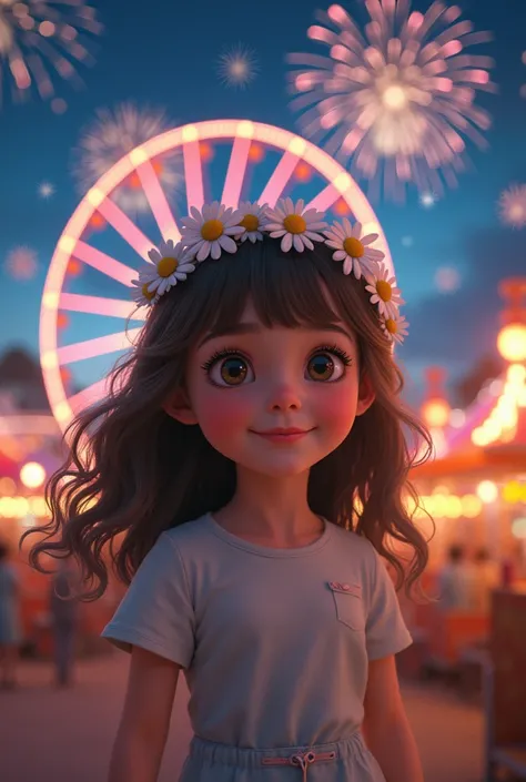 CUTE DAISY GIRL AT NIGHT AMUSEMENT PARK
The background is a Ferris wheel and fireworks