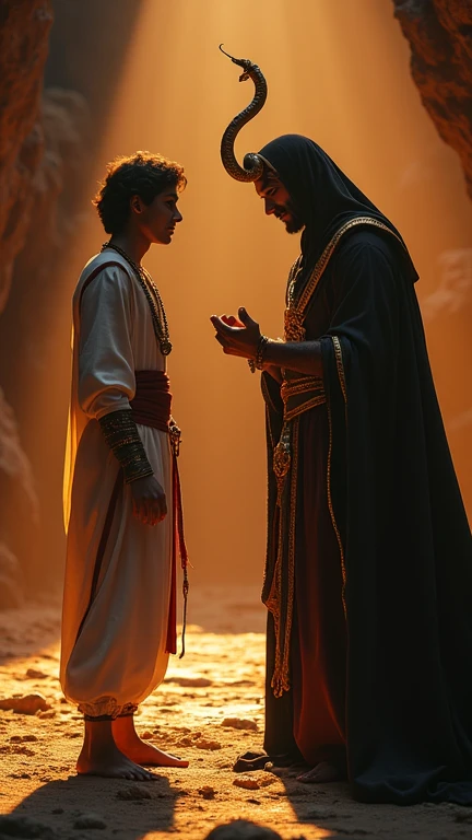 "A cinematic, hyper-realistic scene where Aladdin, dressed in his heroic Arabian outfit, stands face-to-face with Jafar, who is menacingly holding his serpent staff. The environment is set in the Cave of Wonders, its golden treasures glowing ominously unde...