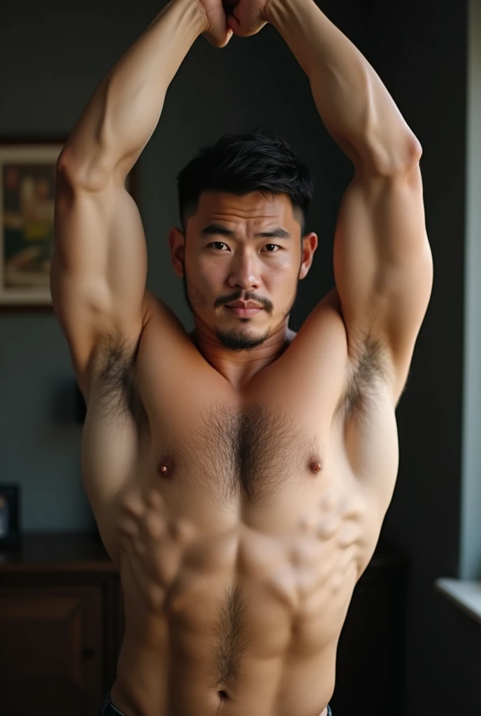 A shirtless muscular Asian man raises his arms to show off his sweaty muscles and Extremely thick armpit hair. With very hairy big dick