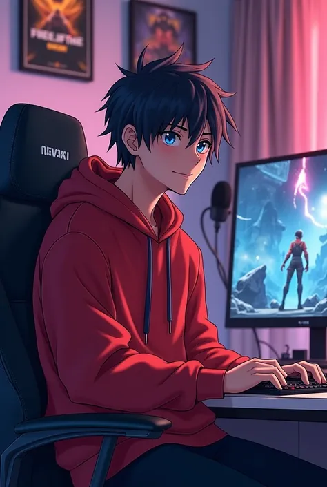 Prompt for creating for character:- "Create a anime boy who have a  mature looking like a man facing in front  he is a  YouTube content creator, sitting in his studio with futuristic gadgets, and there is mic near him ,wearing red hoodie, YouTube channel n...