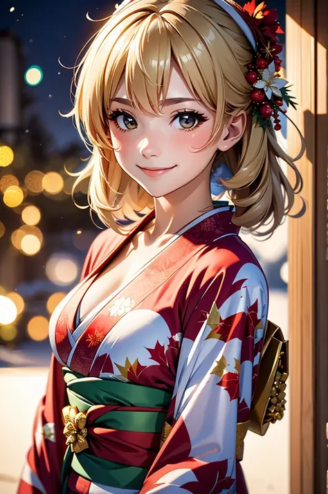 A bust shot of a smiling beautiful woman in a kimono celebrating Christmas