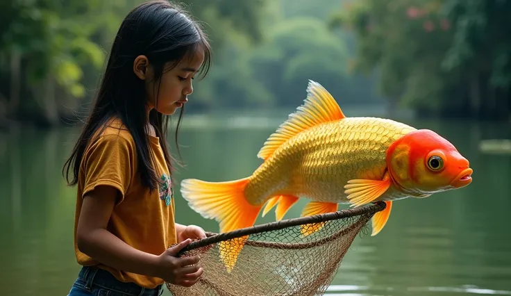 With great difficulty ,  Laila beautiful 16-year-old girl with long black hair wearing a simple T-shirt pulled her net and was surprised to see a huge goldfish with glittering golden scales.  The fish looks different from ordinary fish . Fish caught in the...