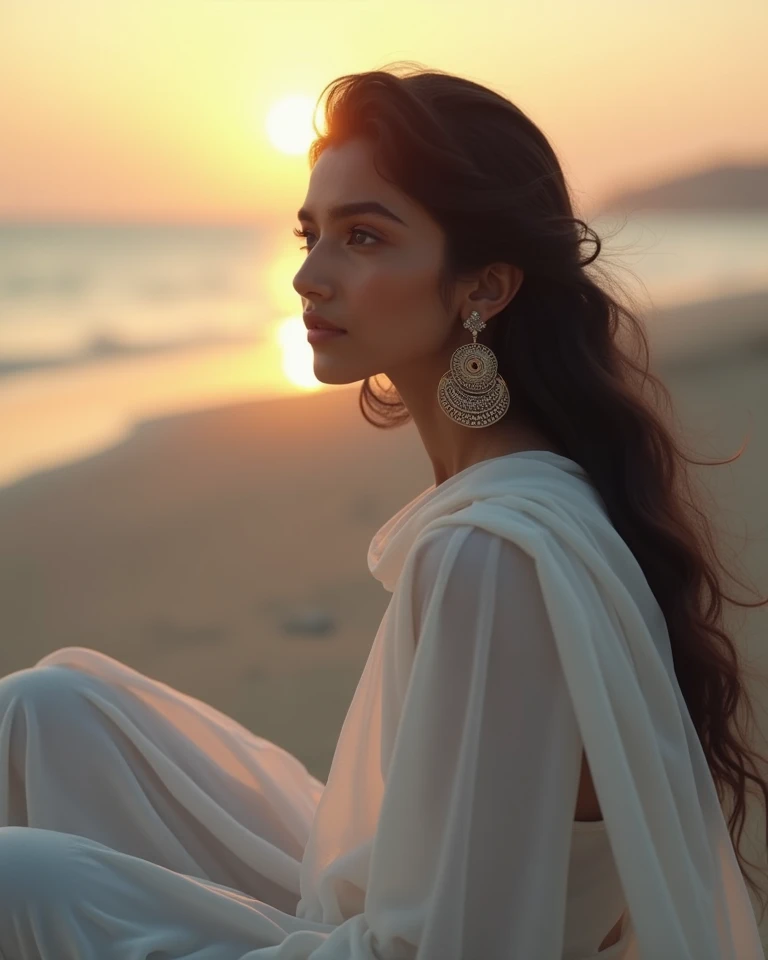 a beautiful indian girl sitting on beach wearing white salwar kurta. she is wearing big earrings. she looks lost in her thoughts. The time is evening when the sun is about to set. 