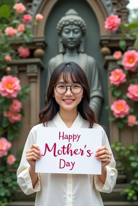  Very nice portrait of a beautiful Korean woman with a slightly chubby body aged 28, and long hair with bangs ,  one of them is wearing glasses , , white balinese dress shirt , Standing cute  , Facing Front With Bali Monument Background Bali Scenery
Full o...