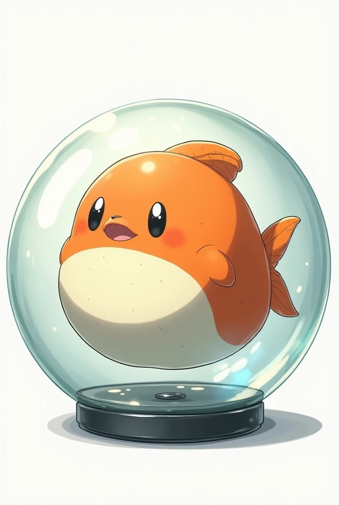 orange and white Blob Fish in a glass ball , ugly but cute , cyberpunk , realistic anime style illustration , white background 