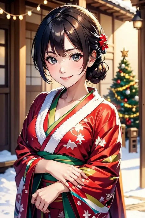 A bust shot of a smiling beautiful woman in a kimono celebrating Christmas