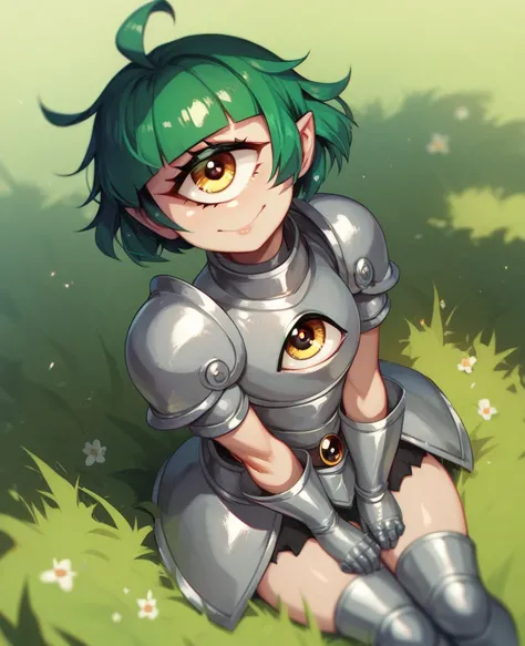 Female cyclop, short green hair, yellow eye, wearing a silver armor, sitting on the grass