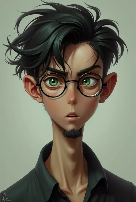 Skinny man with dark hair, green eyes, glasses