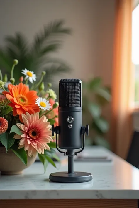 Create a video background image like uniq  podcast studio microphone flower top on the table