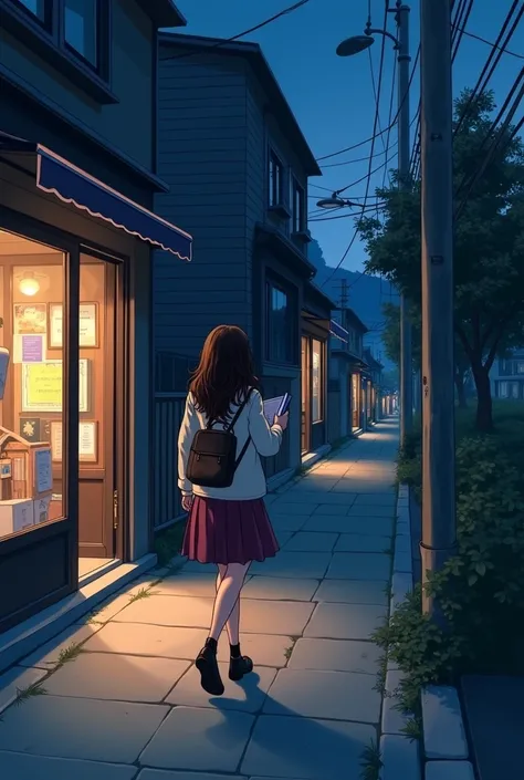  1 girl, , about , put Venta , Long brown hair,Wear a skirt, shoulder bag ,Holding a book in his hand, ,Walking with the house at midnight, on the sidewalk, there are shops on the side.,illustration, precise, Backlight,  Cowboy Camera Angle, 