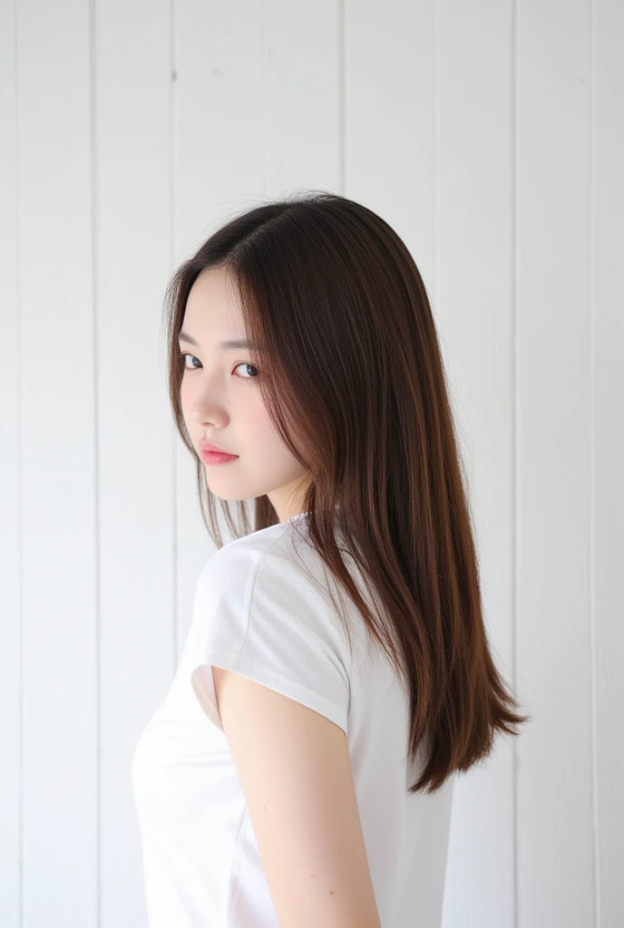   is looking backwards、 Face Invisible 、Dont turn your face at the photographer、Facing in the opposite direction from the camera、Close up of a woman with long hair standing in front of a white wall,white wood-grained wall、 photo by Kanbun Master  ,  instag...