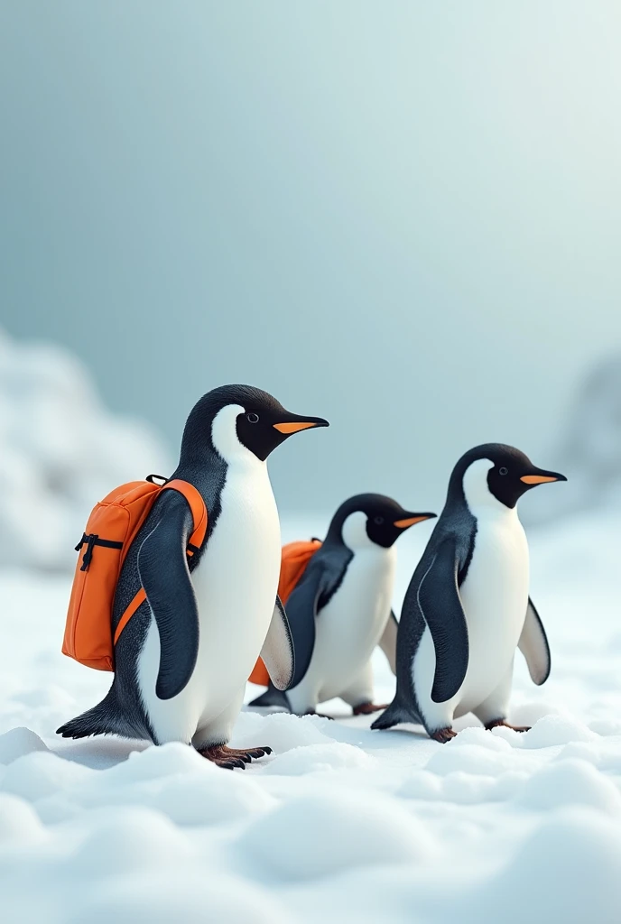 Image Prompt:
The image shows three penguins standing on a snow-covered ground. The penguin in the center is wearing an orange bag pack on penguin back, which is secured to its body with straps. It appears to be walking towards the right side of the image,...