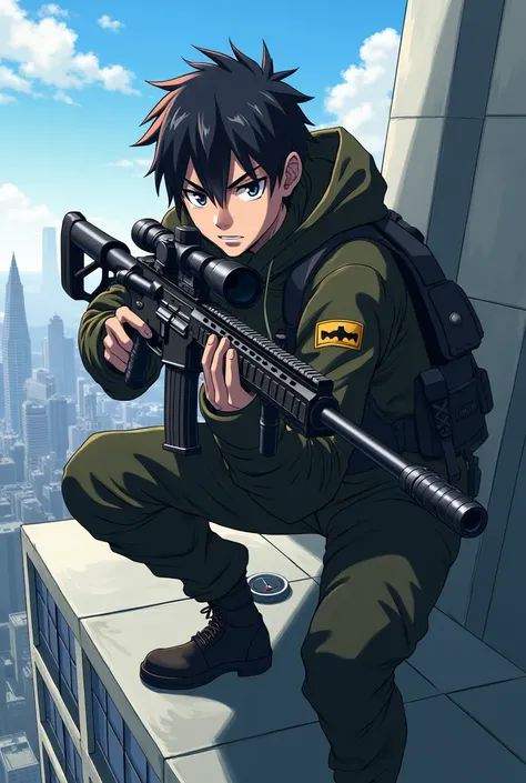 Sniper on a building, the camera is pointed at the side front of the sniper in anime style