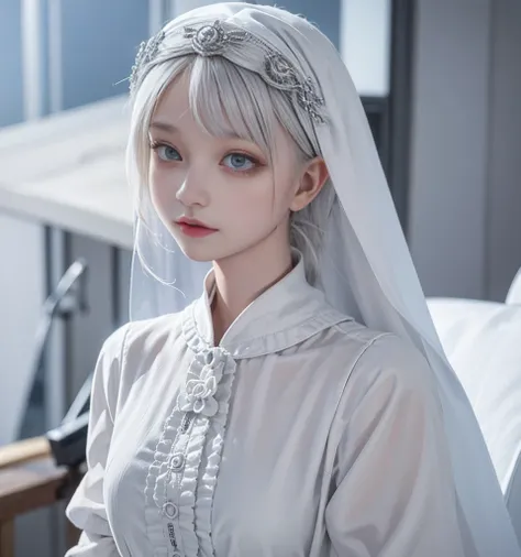  Head Veil , Grey Veil, White Hair, Grey White,  Gubes Art Style, Arrogant and Indifferent Girl , Half-squinted, White eyeballs, White Eyes, National style , Off-white