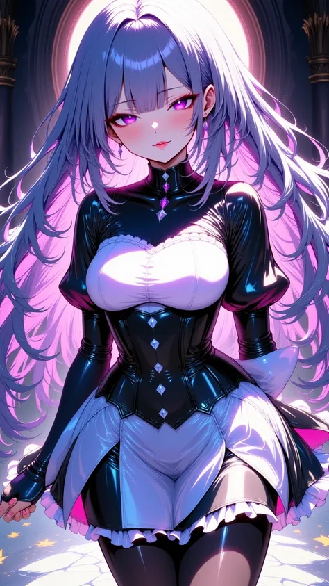  Young Beautiful Woman,(masterpiece:1.3, top quality :1.3, very detailed depiction:1.3, incredible high resolution:1.3,High quality anime drawings),(Black and white gothic maid outfit, maid skirt, corset, black tights,Black boots),( Silver Hair, hair up to...