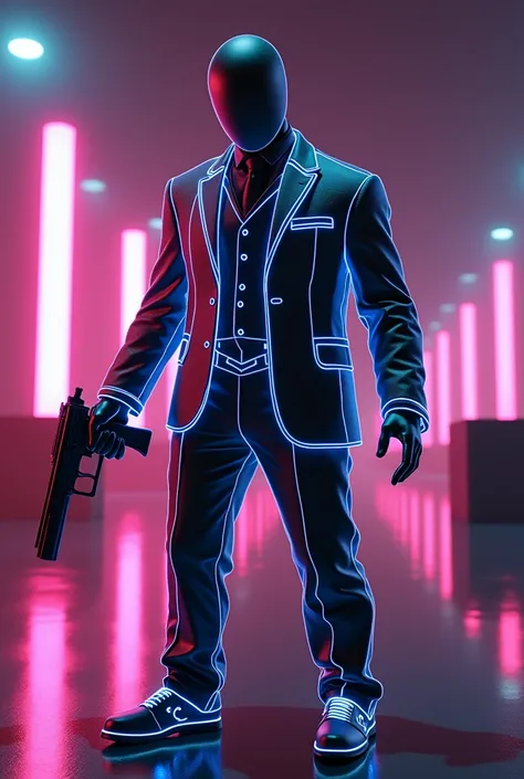 ,  a traced image of a man in a suit holding a gun, a ray-traced image inspired by Robert Zünd  , tumblr, cubo-futurism,  tokusatsu vapor wave costume , roblox avatar, dancing in the background,  Roblox screenshot , holographic suit, Walter White in Roblox...