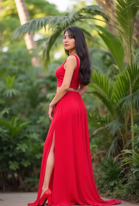 (full body shot:1.3),a beautiful asian girl with long flowing hair, (red dress), red high heel,standing in the middle of a lush jungle, sunlight streaming through the canopy, (best quality,4k,8k,highres,masterpiece:1.2),ultra-detailed,(realistic,photoreali...