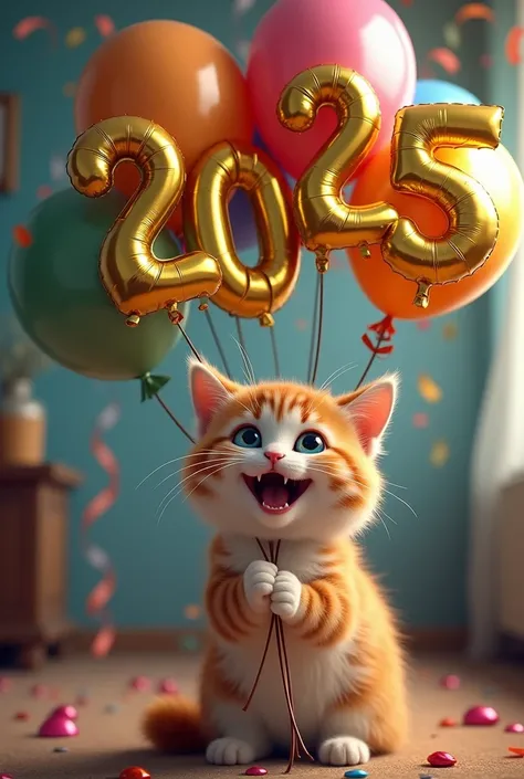 Cat holding 2025 happy new year ballones