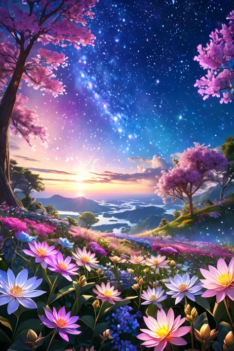 beautiful nature ,beautiful sky,mystical flowers ,Fantasies,sparkling mystical lights , quality(8k, extremely detailed masterpiece, high resolution,top- quality,hyper realistic, increase resolution , Raw photos  ,beste  quality, highly detailed )